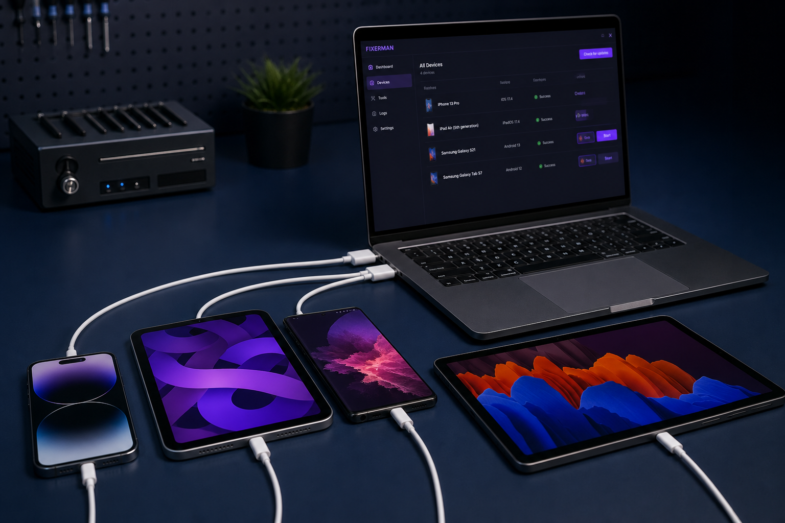 iPhone, iPad en Android-toestellen naast Fixley